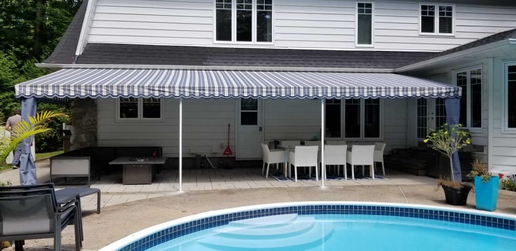 A custom awning with a pool.